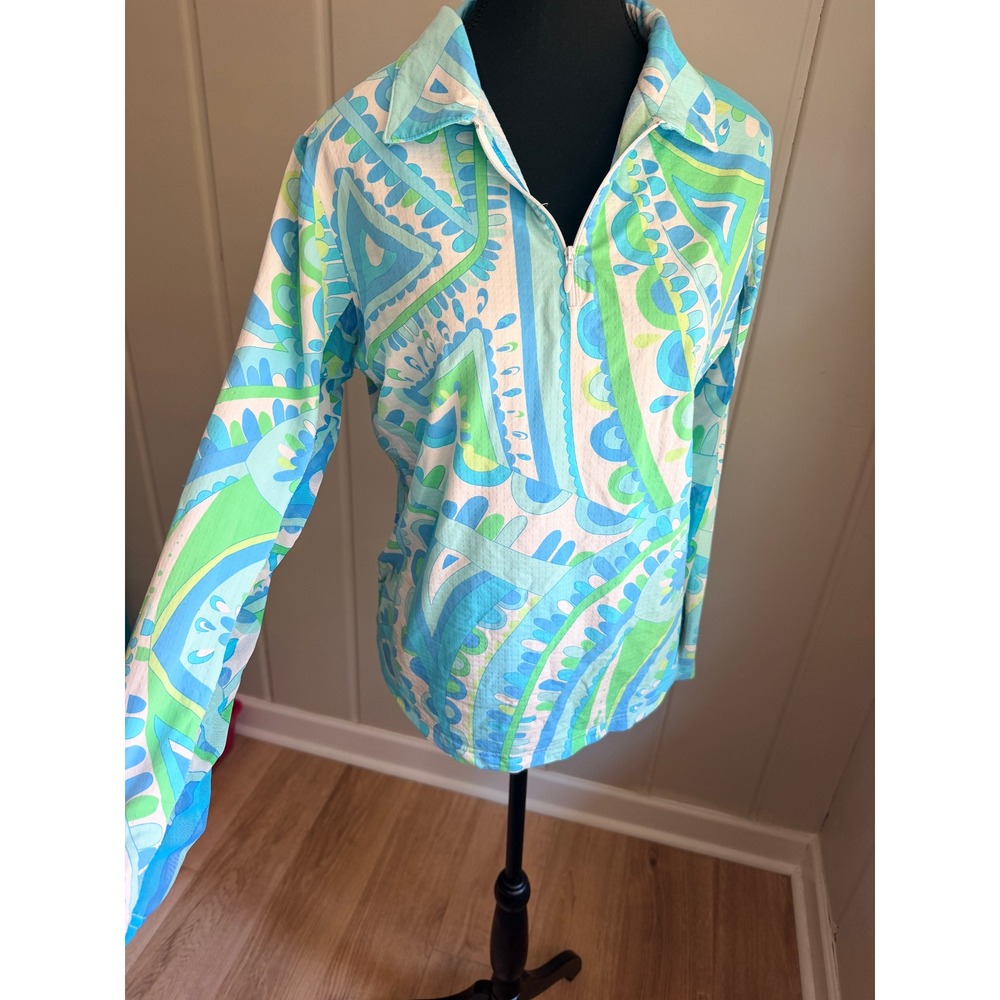 Icikuls Sun Shirt Long Sleeve Quarter Zip Blue Green Paisley Large UPF 50 Top - Picture 7 of 7